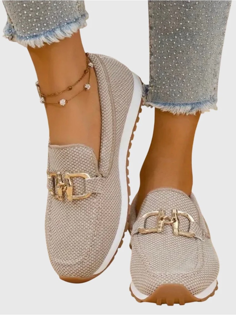 Beige Knit Slip-On Loafers with Gold Chain Accent